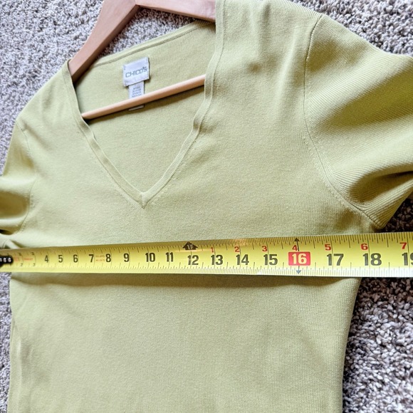 Womens Chicos 1 / M Green V Neck Ribbed Knit Pullover Sweater Silk Blend - Picture 8 of 8